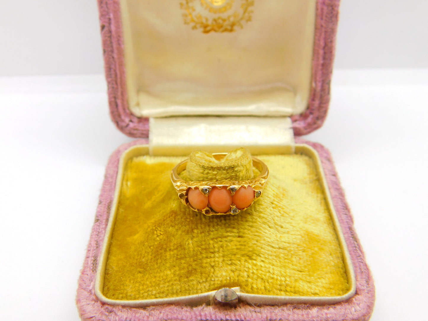 Victorian 18ct Yellow Gold, Red Coral & Diamond Band Ring Antique c1890