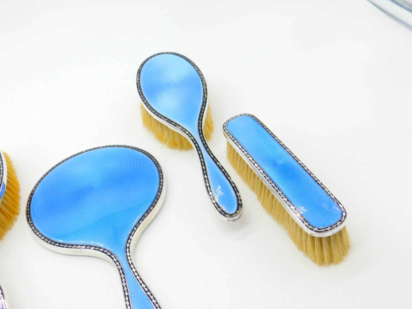 Sterling Silver & Blue Guilloche Enamel 5-Piece Vanity Set Antique 1931 Birmingham Art Deco