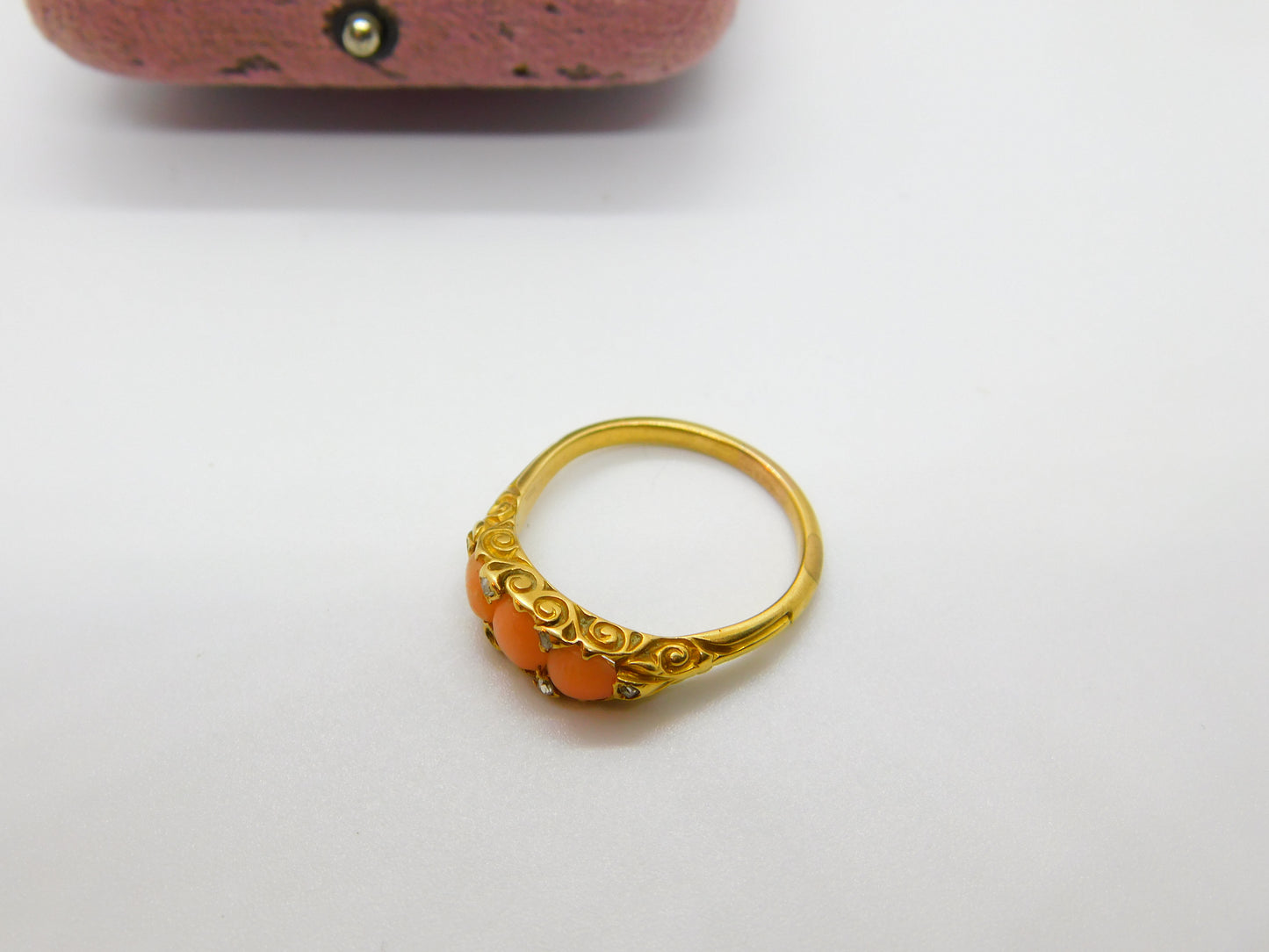 Victorian 18ct Yellow Gold, Red Coral & Diamond Band Ring Antique c1890