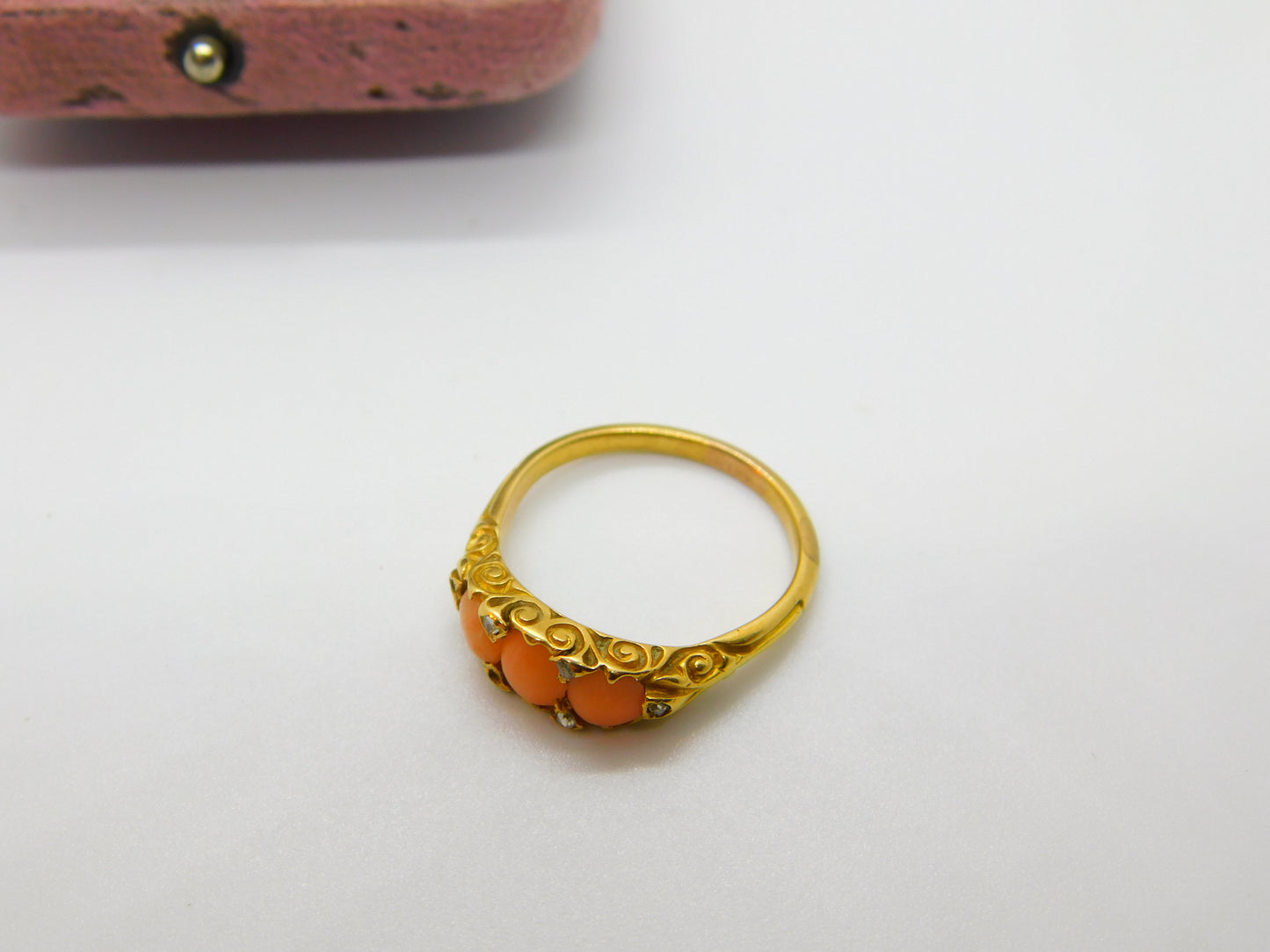 Victorian 18ct Yellow Gold, Red Coral & Diamond Band Ring Antique c1890