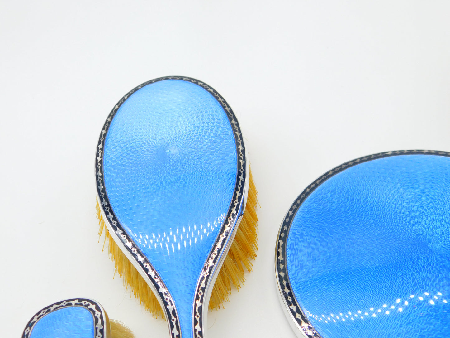 Sterling Silver & Blue Guilloche Enamel 5-Piece Vanity Set Antique 1931 Birmingham Art Deco