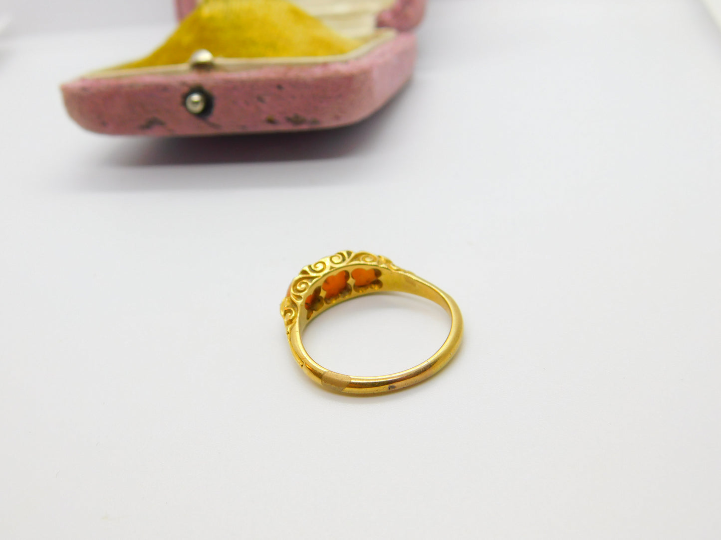 Victorian 18ct Yellow Gold, Red Coral & Diamond Band Ring Antique c1890