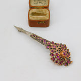 18th Century Mughal Sterling Silver Gilt Natural 2ct Ruby Turban Pin Brooch
