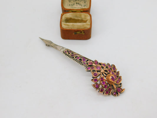 18th Century Mughal Sterling Silver Gilt Natural 2ct Ruby Turban Pin Brooch