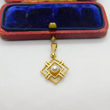 9ct Yellow Gold Modernist Pearl Set Deco Style Drop Pendant 1994 Birmingham