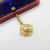 9ct Yellow Gold Modernist Pearl Set Deco Style Drop Pendant 1994 Birmingham