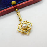 9ct Yellow Gold Modernist Pearl Set Deco Style Drop Pendant 1994 Birmingham