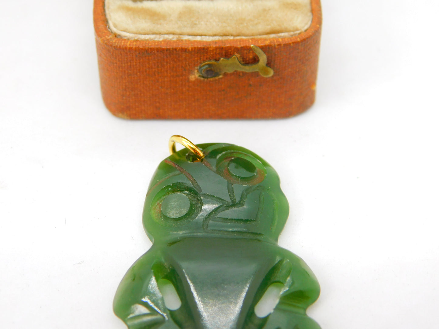 New Zealand Nephrite Green Jade Maori Tiki Pendant Antique c1920 Art Deco