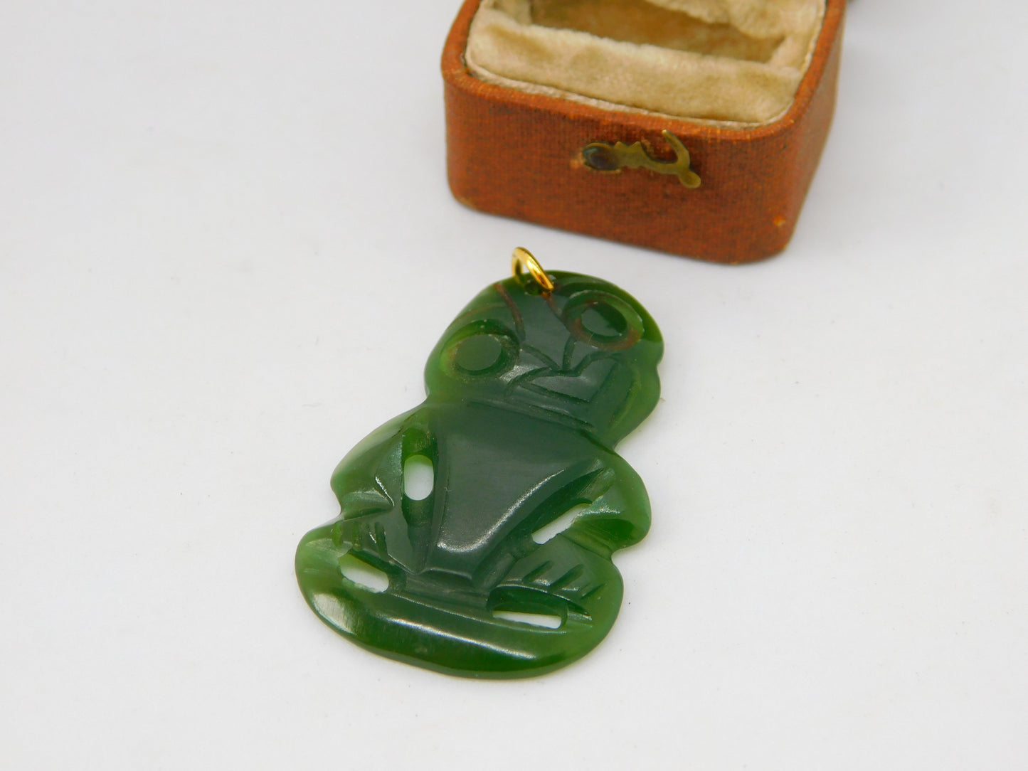 New Zealand Nephrite Green Jade Maori Tiki Pendant Antique c1920 Art Deco