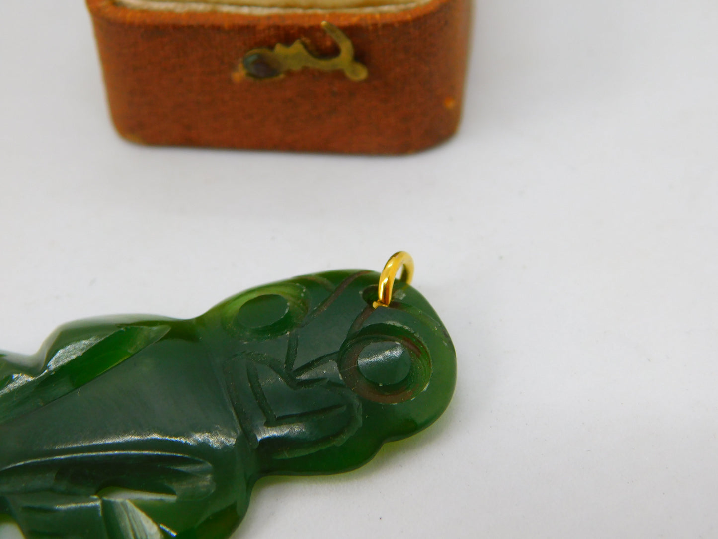 New Zealand Nephrite Green Jade Maori Tiki Pendant Antique c1920 Art Deco