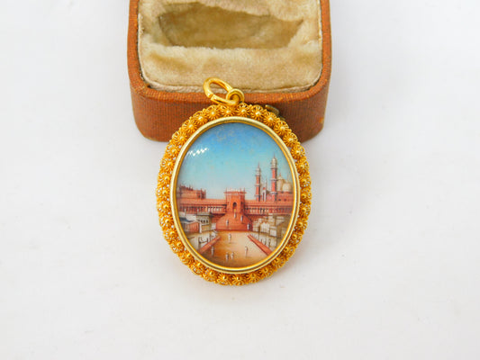 Indian 22ct Yellow Gold Painted Double Locket Pendant 'Buland Darwaza' c1800 Antique