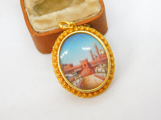 Indian 22ct Yellow Gold Painted Double Locket Pendant 'Buland Darwaza' c1800 Antique