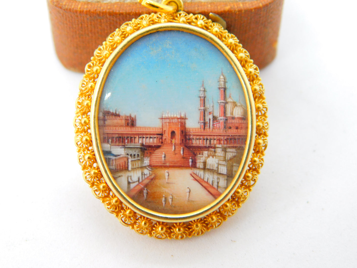 Indian 22ct Yellow Gold Painted Double Locket Pendant 'Buland Darwaza' c1800 Antique