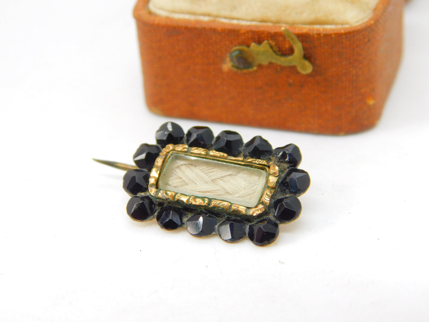 Georgian 9ct Gold, Whitby Jet Woven Hair Mourning Brooch c1820 Antique