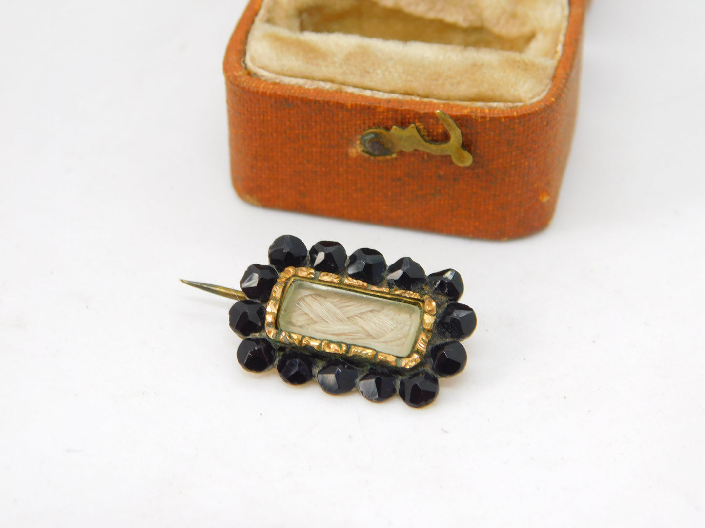 Georgian 9ct Gold, Whitby Jet Woven Hair Mourning Brooch c1820 Antique