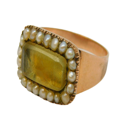 George III 12ct Rose Gold, Seed Pearl & Citrine Set Mourning Ring Antique c1800