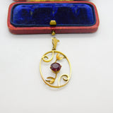 Edwardian 9ct Gold & Garnet Set Floral Pattern Lavalier Drop Pendant c1910