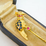 Boxed 18ct Gold, Sapphire, Diamond & Ruby Parrot Stick Pin Vintage London