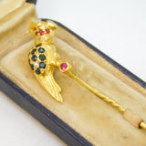 Boxed 18ct Gold, Sapphire, Diamond & Ruby Parrot Stick Pin Vintage London