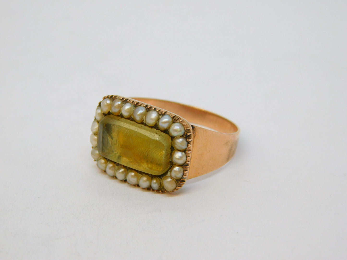 George III 12ct Rose Gold, Seed Pearl & Citrine Set Mourning Ring Antique c1800