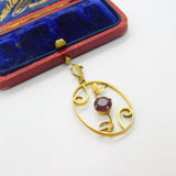 Edwardian 9ct Gold & Garnet Set Floral Pattern Lavalier Drop Pendant c1910