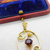 Edwardian 9ct Gold & Garnet Set Floral Pattern Lavalier Drop Pendant c1910