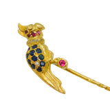 Boxed 18ct Gold, Sapphire, Diamond & Ruby Parrot Stick Pin Vintage London