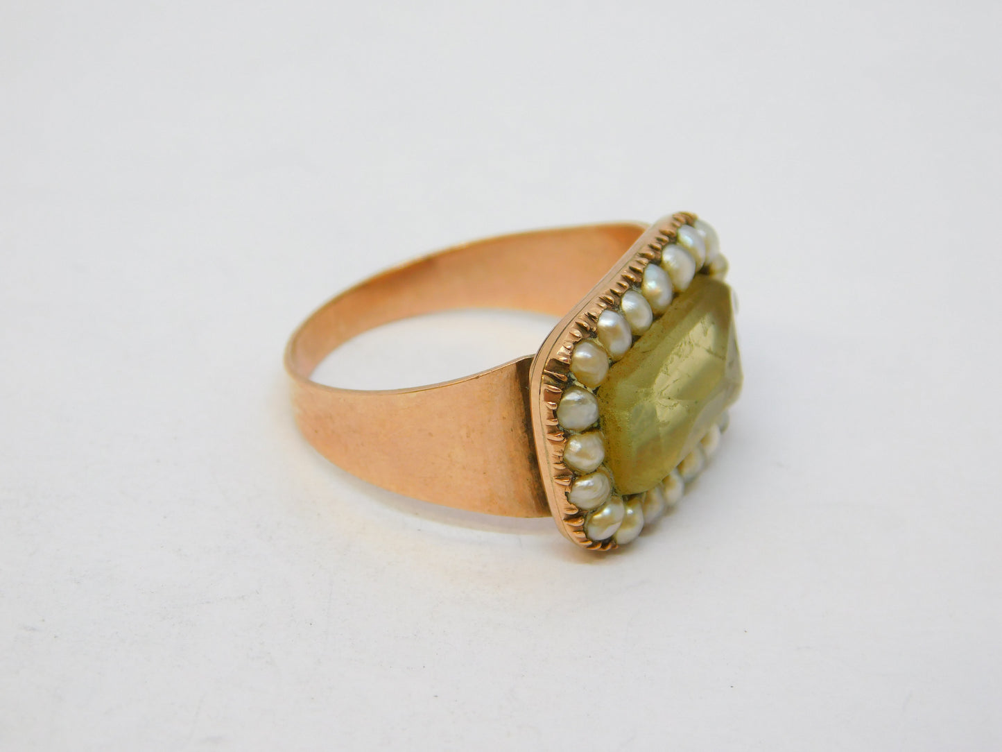George III 12ct Rose Gold, Seed Pearl & Citrine Set Mourning Ring Antique c1800