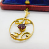 Edwardian 9ct Gold & Garnet Set Floral Pattern Lavalier Drop Pendant c1910