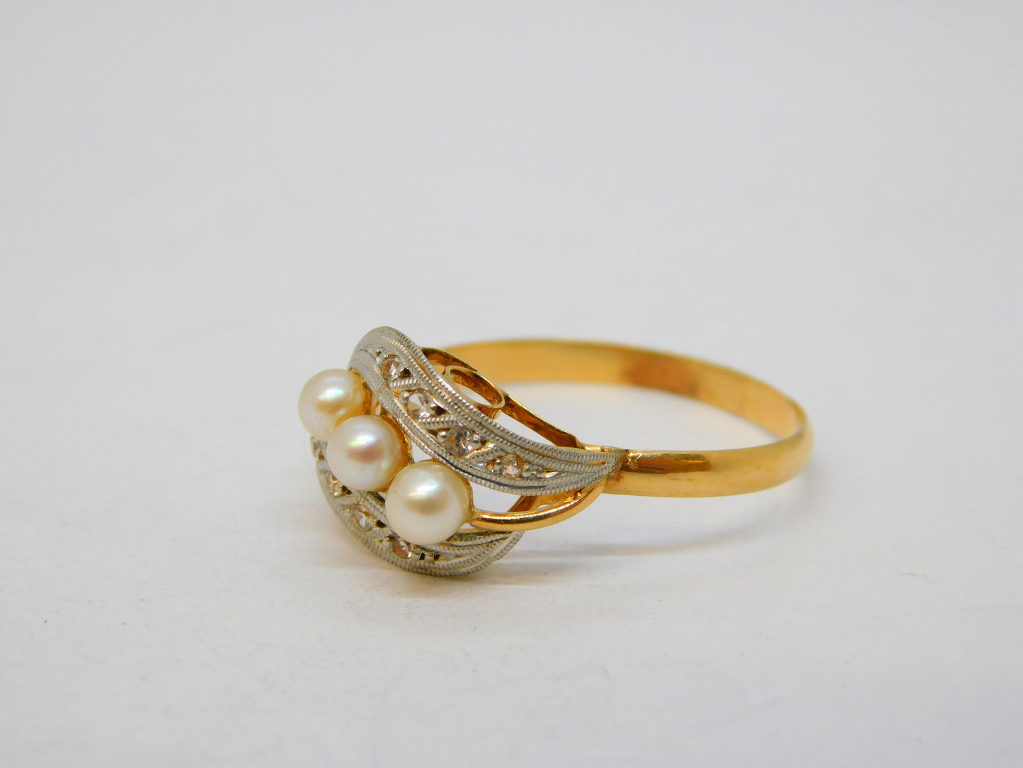 French 19th Century 18ct Yellow Gold, Diamond & Pearl Dress Ring Antique c1880