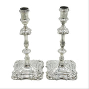 George II Cast Pair of Sterling Silver Candlesticks Antique 1756 London J. Gould