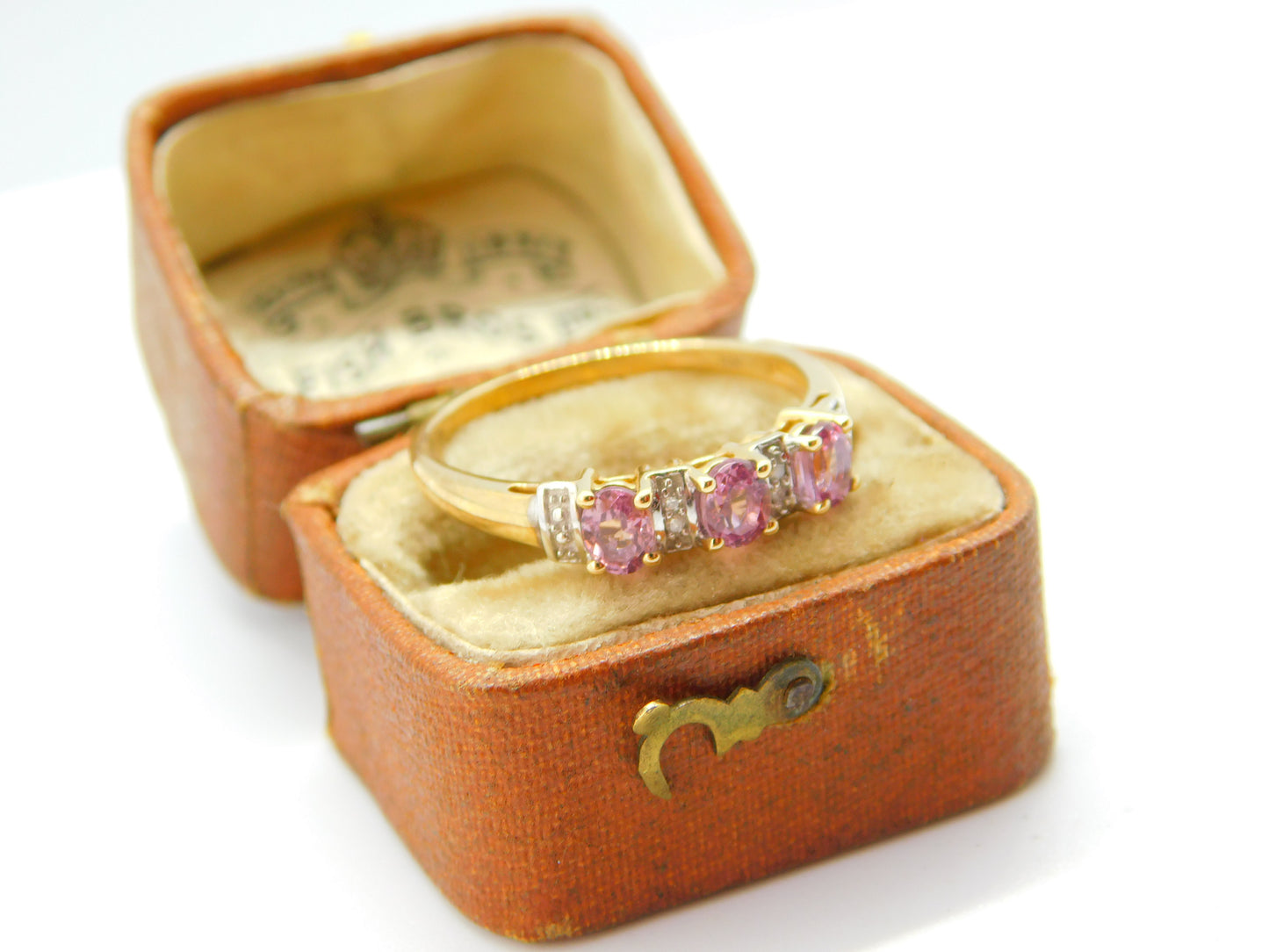 10ct Yellow Gold, Pink Topaz & Diamond Dress Ring Vintage c1990