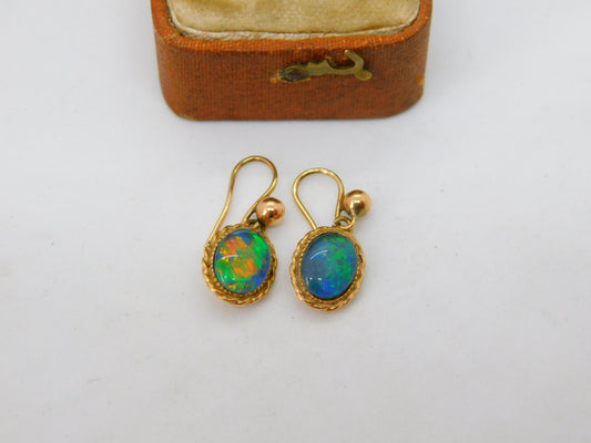 9ct Yellow Gold Doublet Opal Drop Earrings Antique c1920 Art Deco