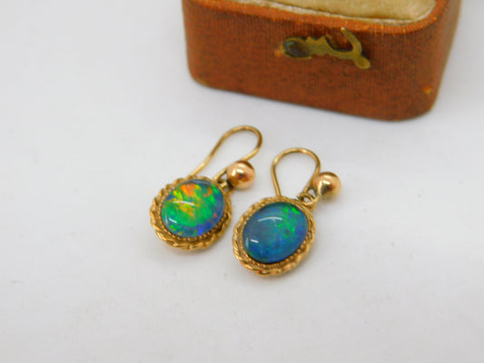 9ct Yellow Gold Doublet Opal Drop Earrings Antique c1920 Art Deco