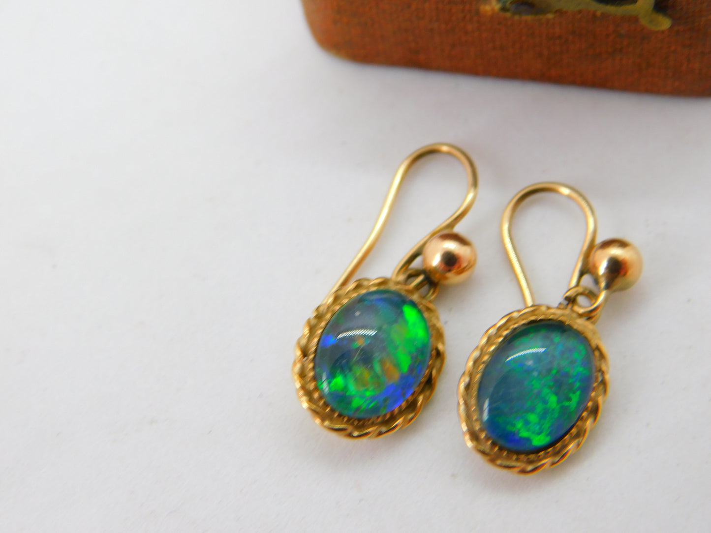 9ct Yellow Gold Doublet Opal Drop Earrings Antique c1920 Art Deco