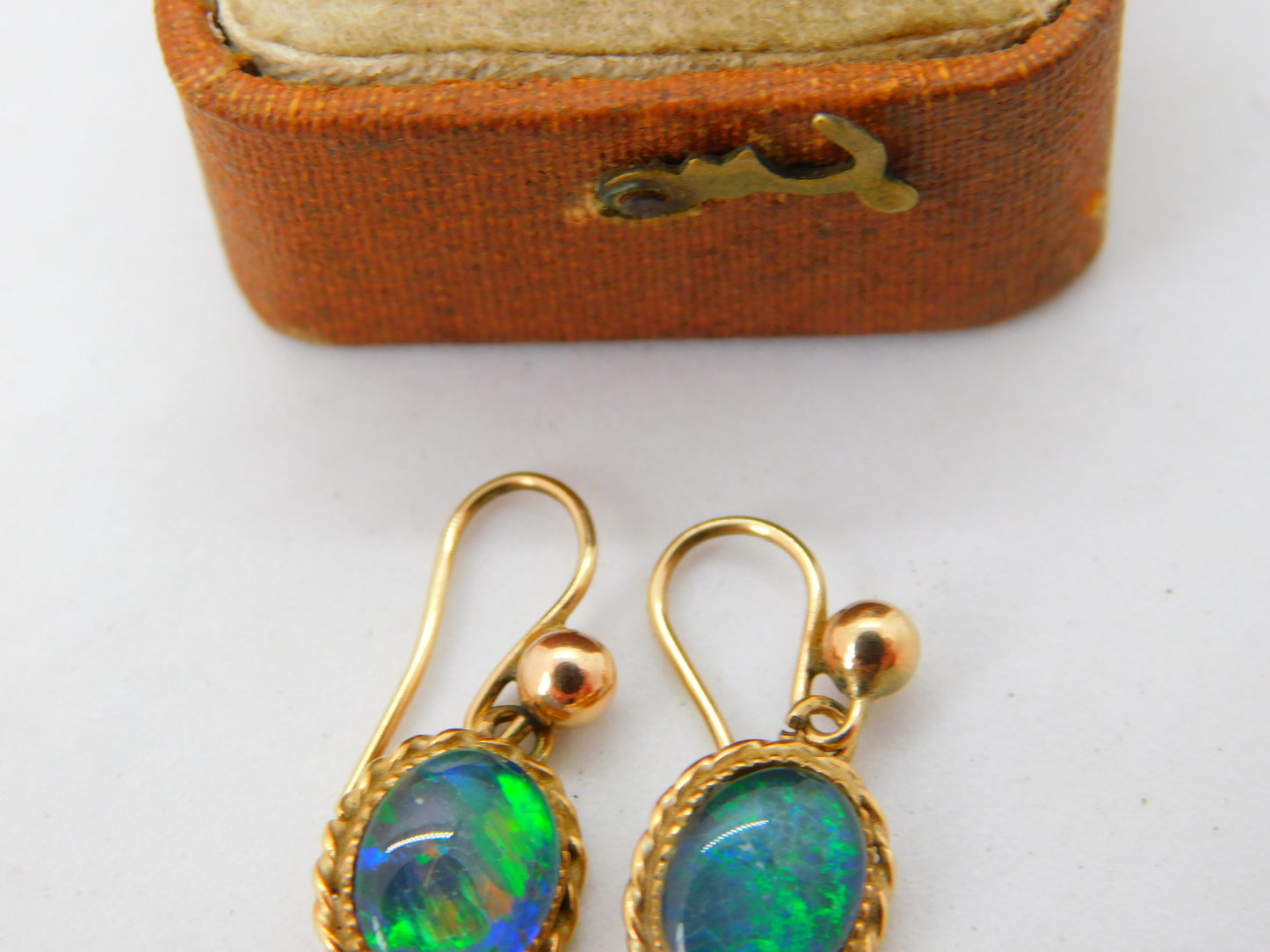 9ct Yellow Gold Doublet Opal Drop Earrings Antique c1920 Art Deco