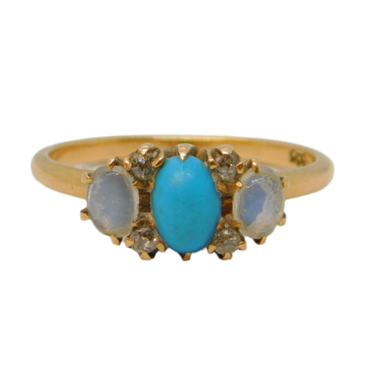 9ct Rose Gold, Turquoise, Moonstone & Diamond Dress Ring Antique c1930 Deco