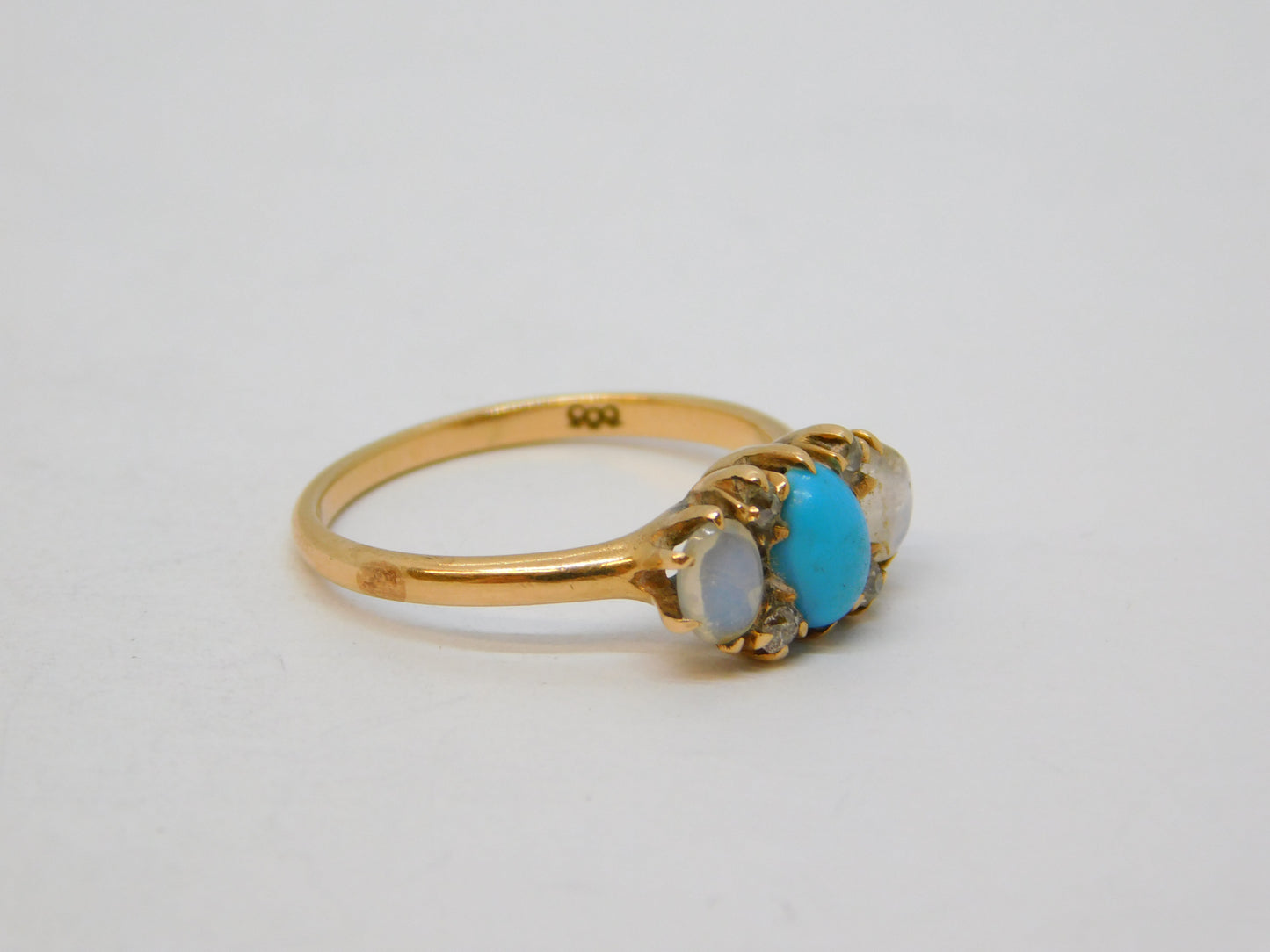 9ct Rose Gold, Turquoise, Moonstone & Diamond Dress Ring Antique c1930 Deco
