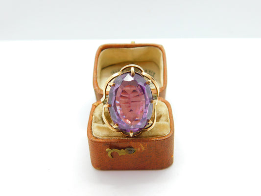 Large 9ct Yellow Gold Faceted Amethyst Set Cocktail Ring c1930 Art Deco Antique