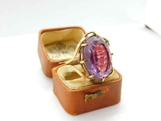 Large 9ct Yellow Gold Faceted Amethyst Set Cocktail Ring c1930 Art Deco Antique