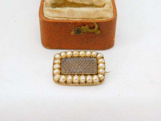 Georgian 15ct Gold, Pearl & Woven Hair Set Mourning Brooch c1820 Antique