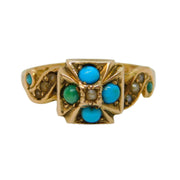 Victorian 9ct Gold, Turquoise, Pearl Maltese Cross Ring Antique 1900 Birmingham