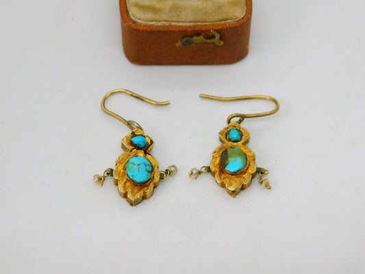 18th Century Austro 18ct Gold Foiled Earrings Pearl, Turquoise Set Antique c1780