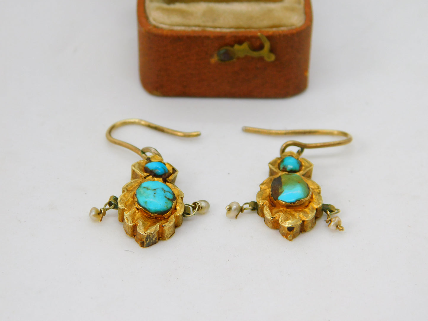 18th Century Austro 18ct Gold Foiled Earrings Pearl, Turquoise Set Antique c1780