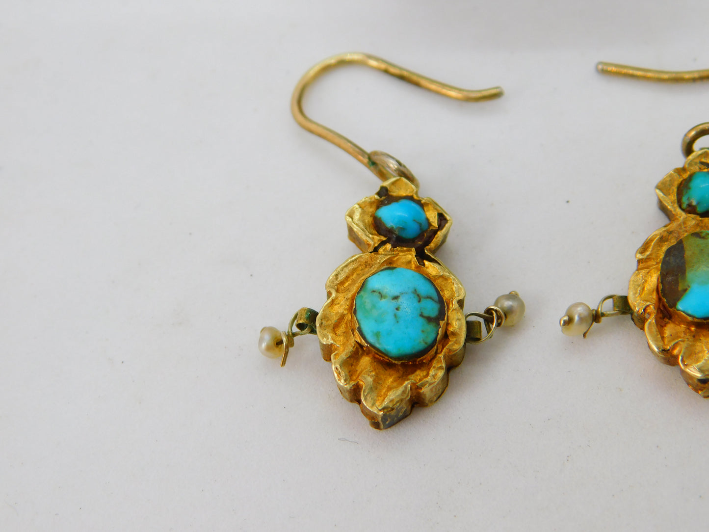 18th Century Austro 18ct Gold Foiled Earrings Pearl, Turquoise Set Antique c1780