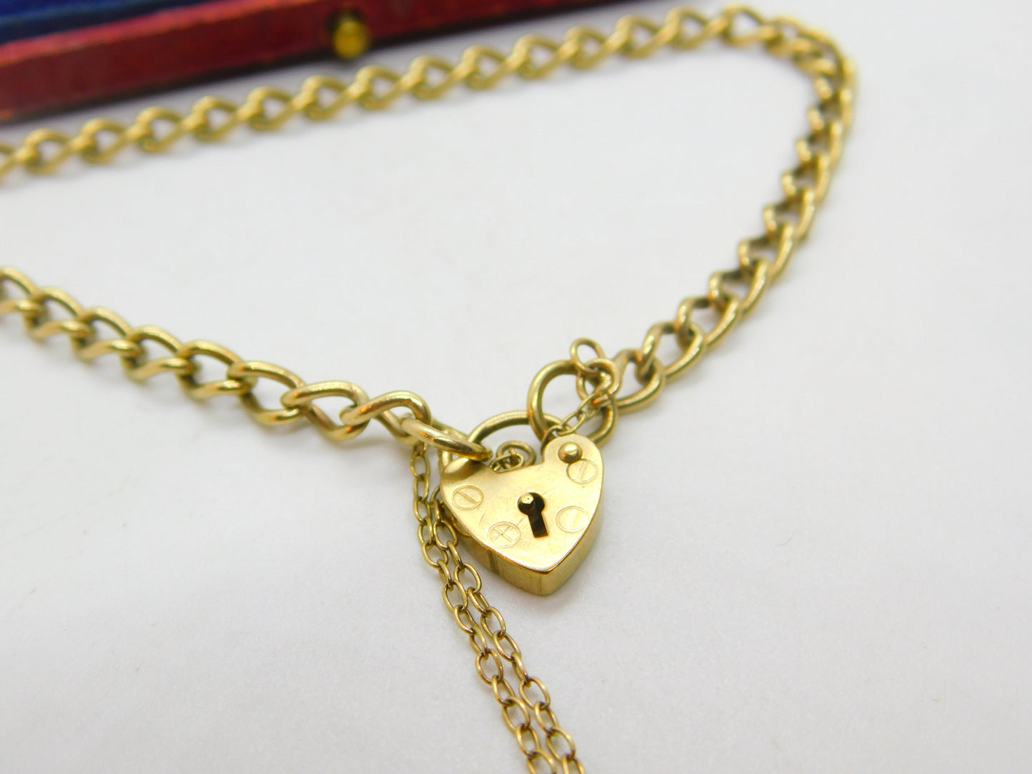 9ct Yellow Gold Curb Link Charm Bracelet with Heart Lock Clasp 1984 London