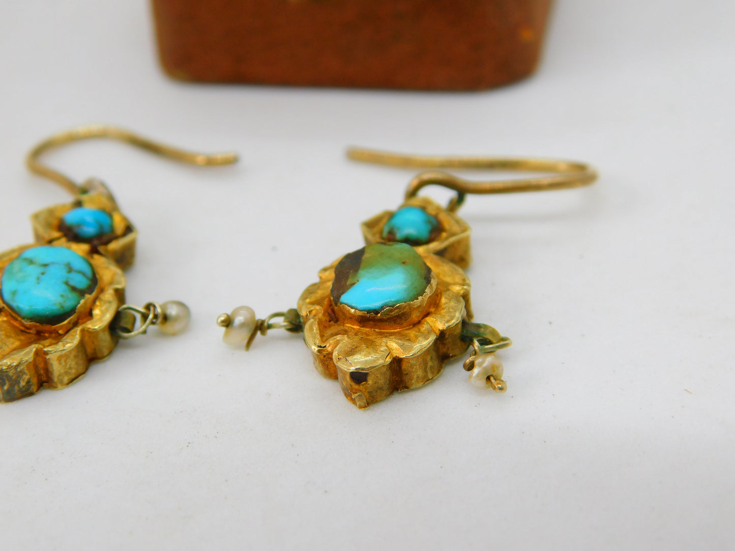 18th Century Austro 18ct Gold Foiled Earrings Pearl, Turquoise Set Antique c1780