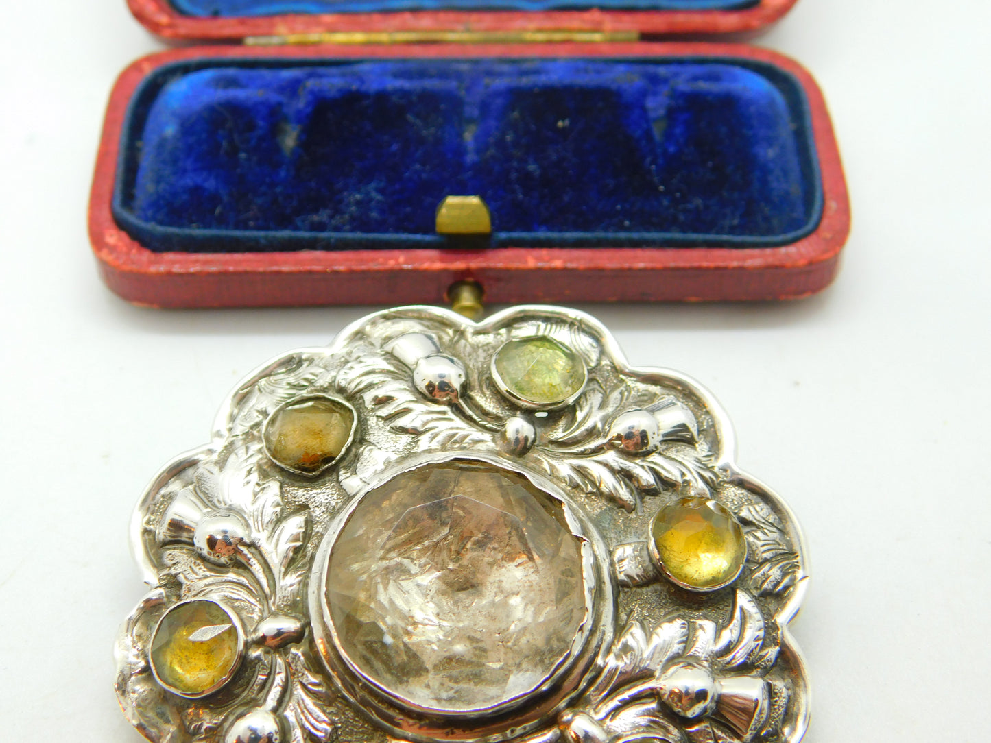 Victorian Scottish Thistle Mine Cut Citrine Sterling Silver Brooch Antique c1860