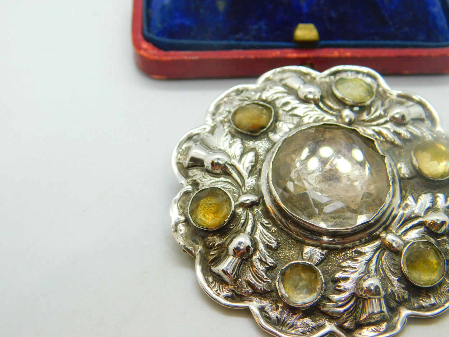 Victorian Scottish Thistle Mine Cut Citrine Sterling Silver Brooch Antique c1860