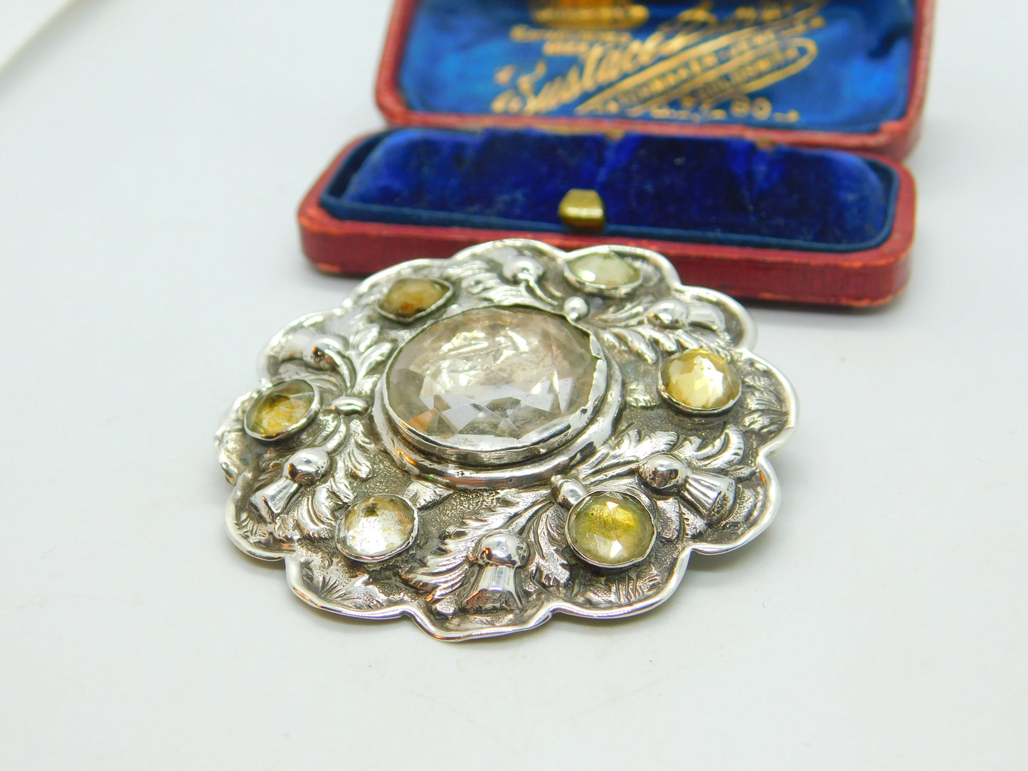 Victorian Scottish Thistle Mine Cut Citrine Sterling Silver Brooch Antique c1860